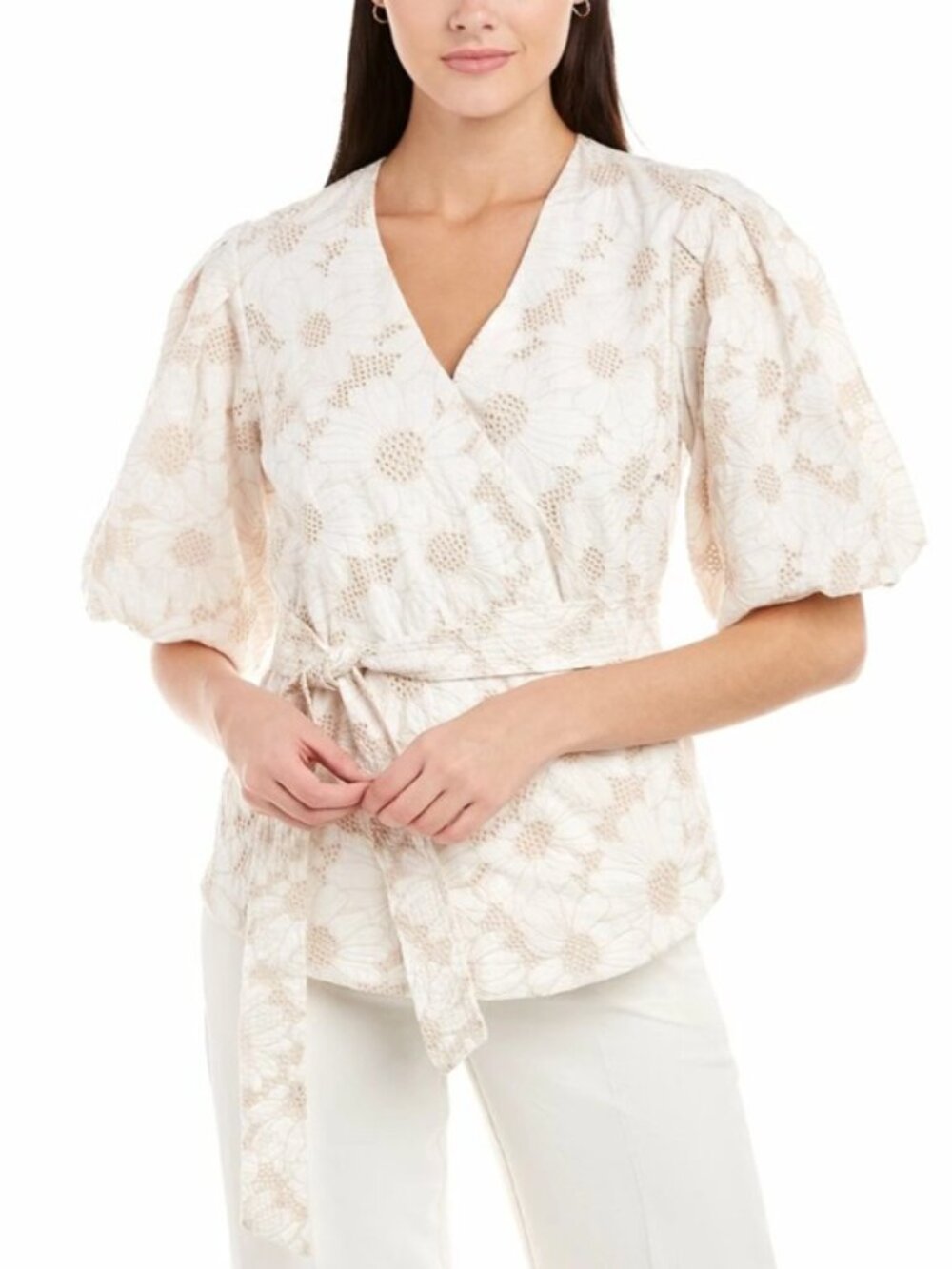 ELIE TAHARI Floral Embroidered Faux Wrap Top Cream Beige Size L NWT